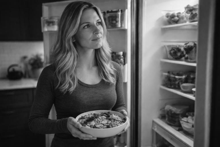 Lady looking into her fridge for something healthy to eat.