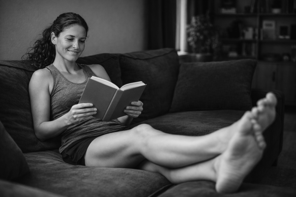 fit woman recovering during the week to adapt stronger to her fitness. Less is More.